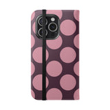Vegane iPhone 15 Pro Leder-Wallet-Hülle – Pink Plum Polka Dot Design