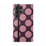 Samsung Galaxy S23 Ultra vegane Leder-Geldbörsenhülle – Design mit Pink Plum Polka Dot