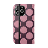 Vegane iPhone 16 Pro Max Leder-Wallet-Hülle – Pink Plum Polka Dot Design