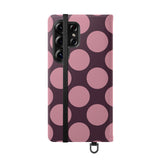 Samsung Galaxy S25 Ultra vegane Leder-Wallet-Hülle – Pink Plum Polka Dot Design