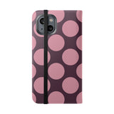 Vegane iPhone 14 Leder-Wallet-Hülle – Pink Plum Polka Dot Design