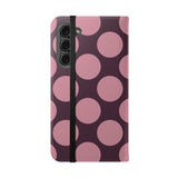 Samsung Galaxy S23 Plus vegane Leder-Geldbörsenhülle – Design mit Pink Plum Polka Dot