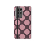 Samsung Galaxy S21 Ultra vegane Leder-Geldbörsenhülle – Design mit Pink Plum Polka Dot