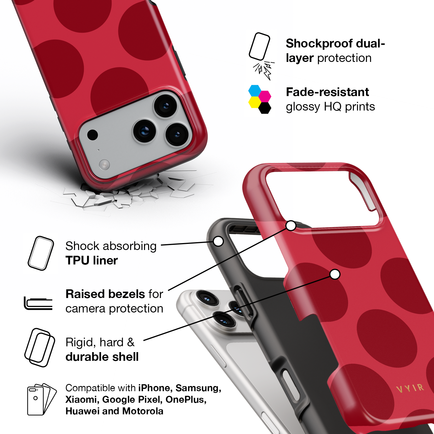 Large Polka Dots, Crimson Red - Shockproof Phone Case - VYIR