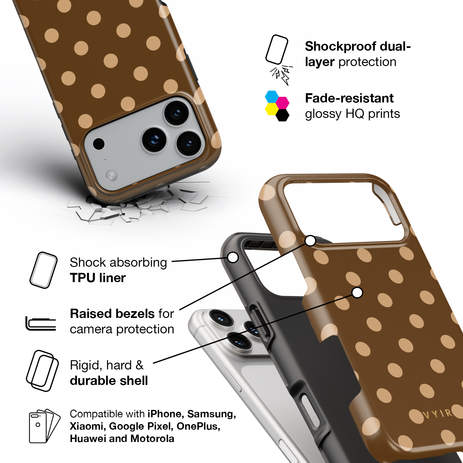 Classic Polka Dots, Elegant Brown - Shockproof Phone Case - VYIR