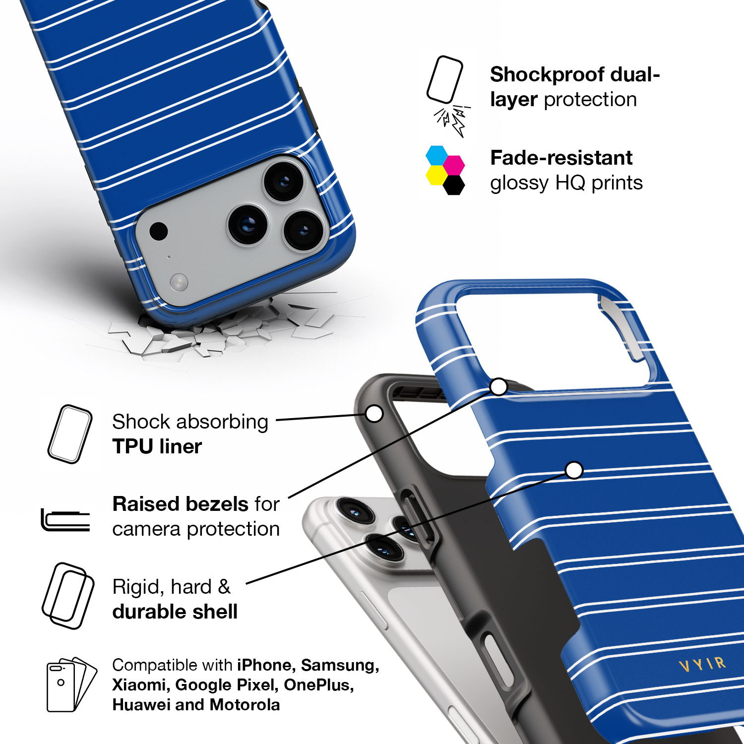 Horizontal Stripes, Mediterranean Blue - Shockproof Phone Case - VYIR