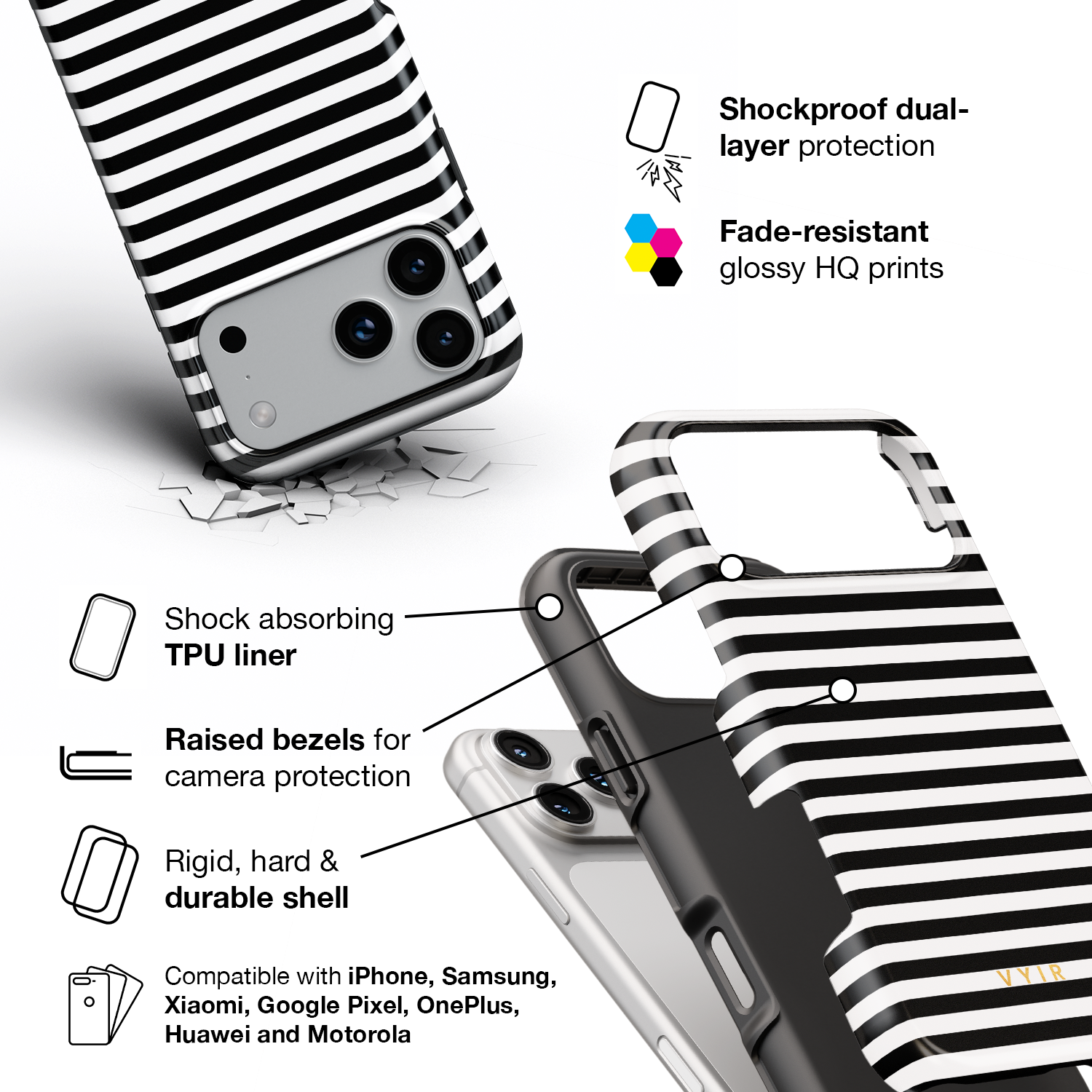 Horizontal Stripes, Pinstripe Black and White - Shockproof Phone Case - VYIR