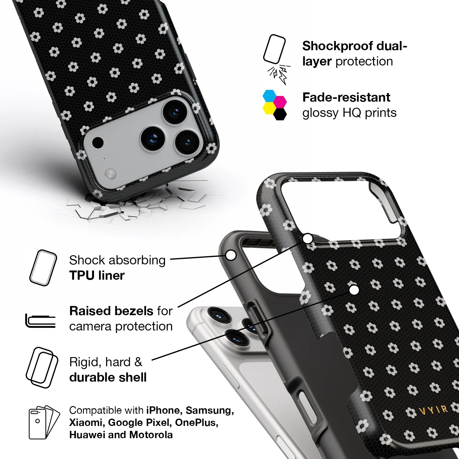 VYIR Signature Flowers, Dark Grey - Shockproof Phone Case - VYIR