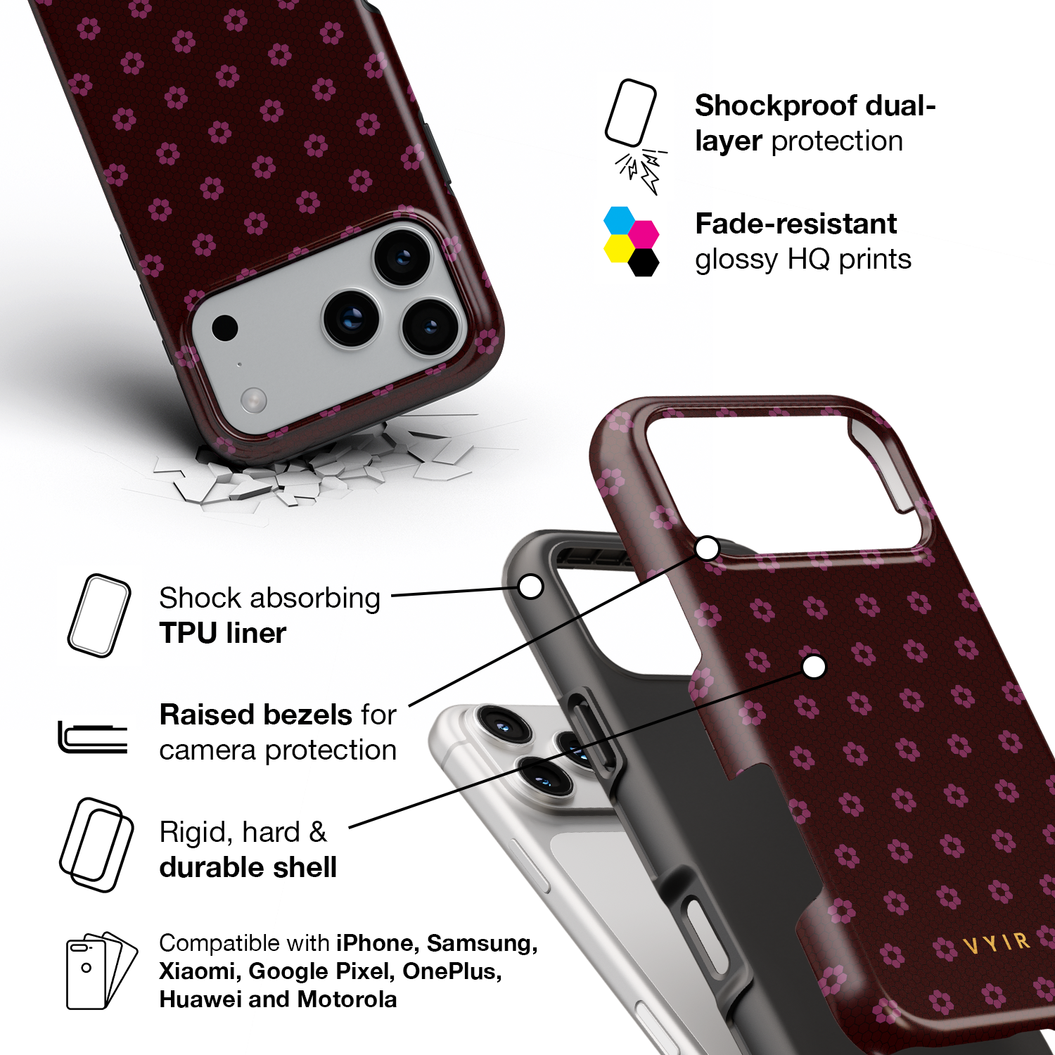 VYIR Signature Flowers, Burgundy - Shockproof Phone Case - VYIR