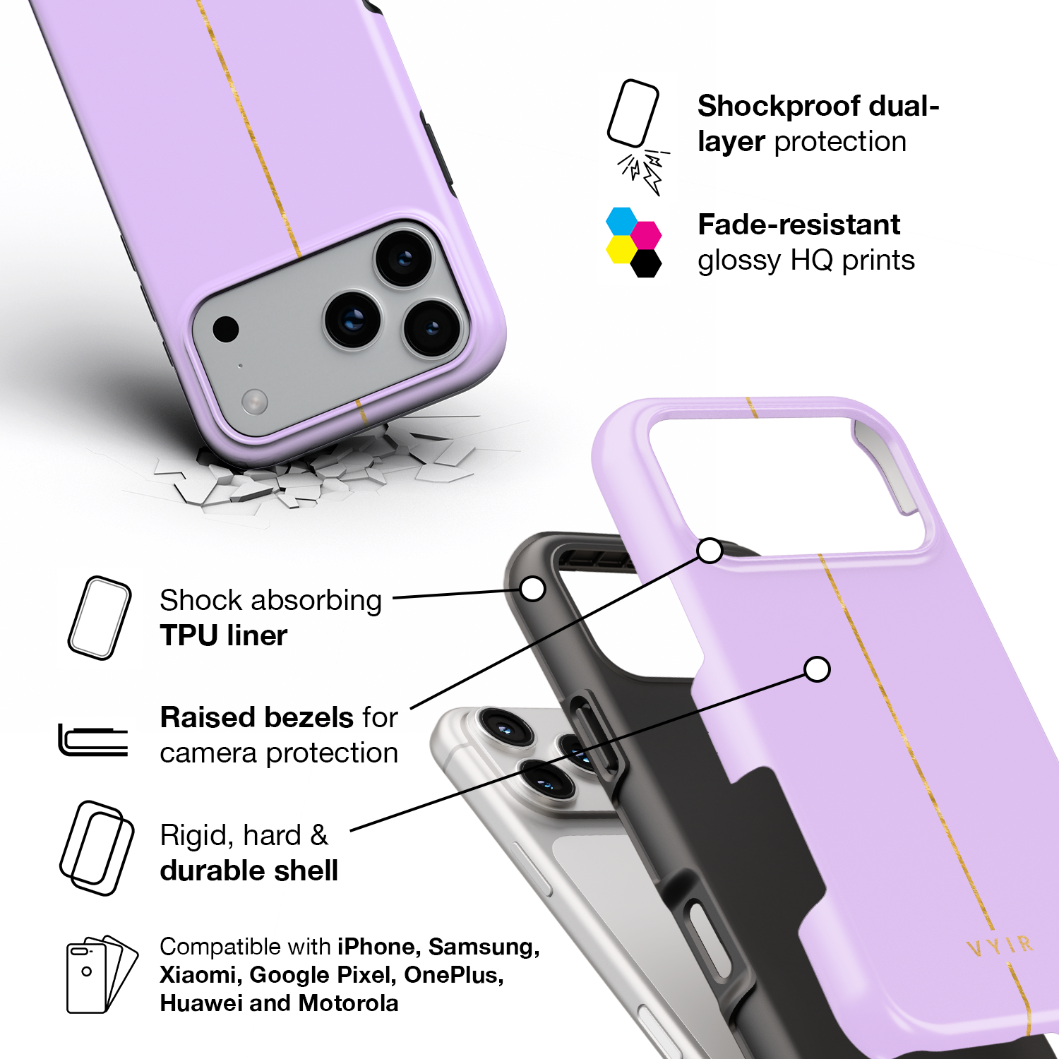 VYIR Signature Golden Line, Lavender Purple - Shockproof Phone Case - VYIR