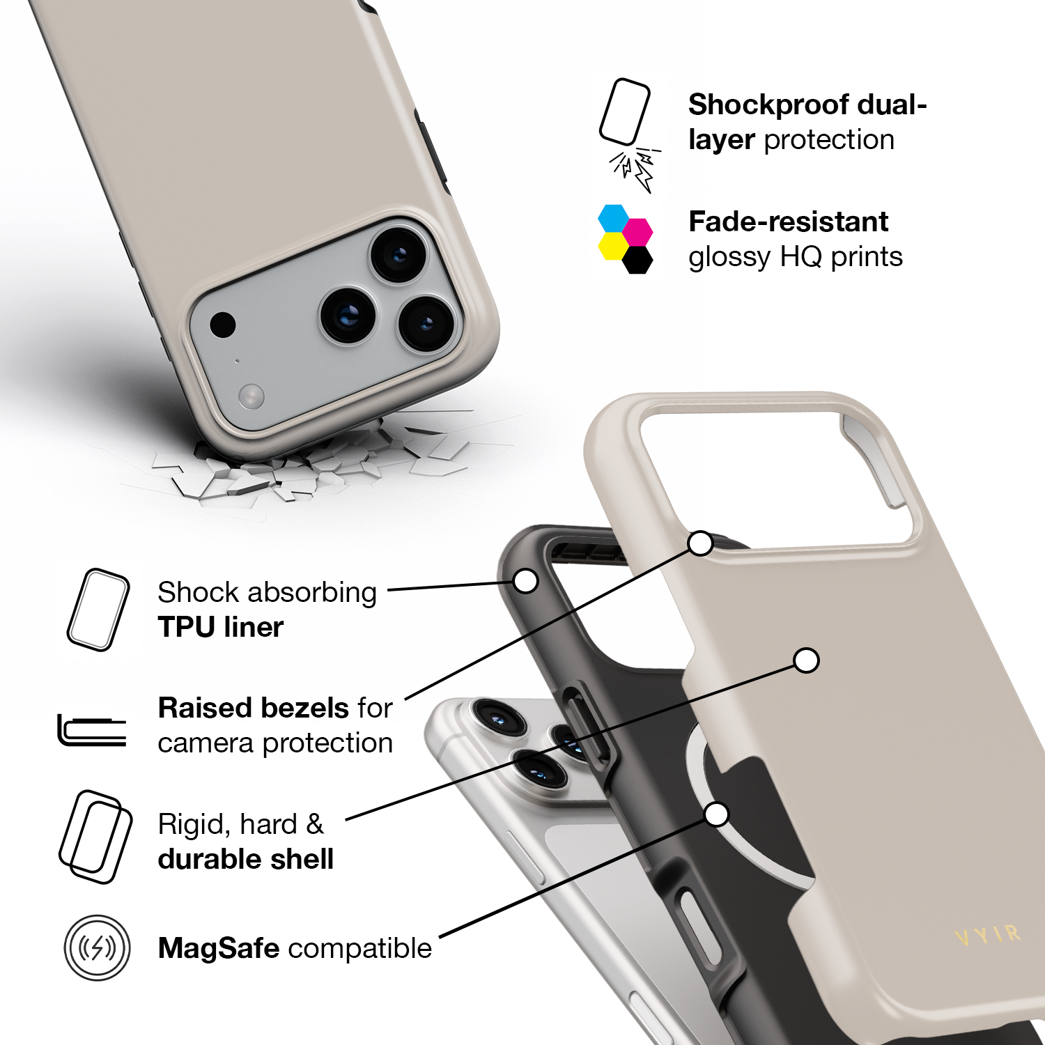 VYIR Signature Solid Colors, Beige - Shockproof MagSafe iPhone Case - VYIR