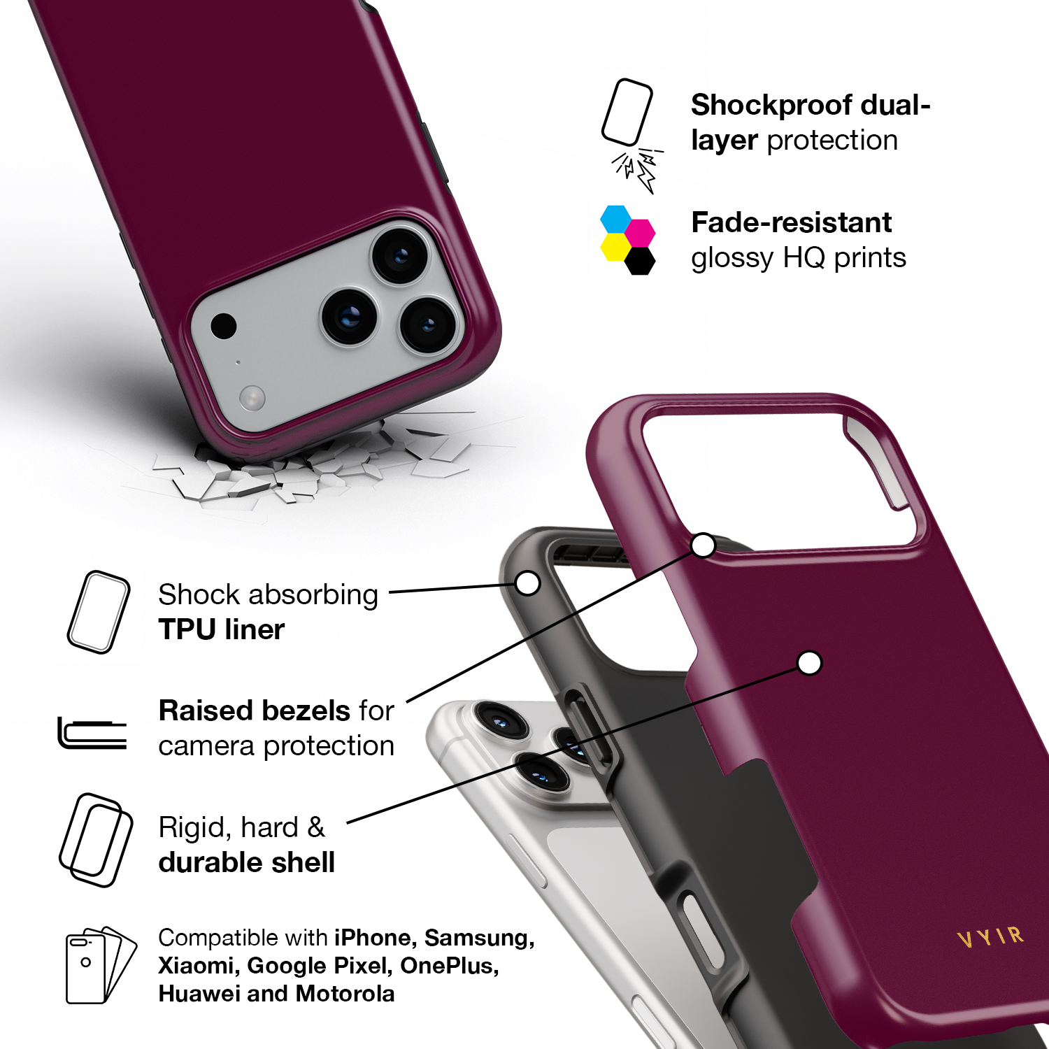 VYIR Signature Solid Colors, Burgundy - Shockproof Phone Case - VYIR