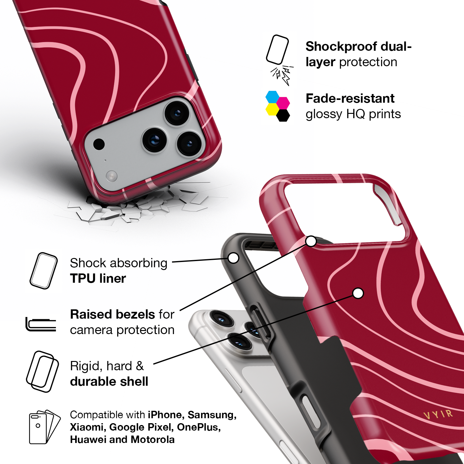Swirl Lines, Pink & Red - Shockproof Phone Case - VYIR
