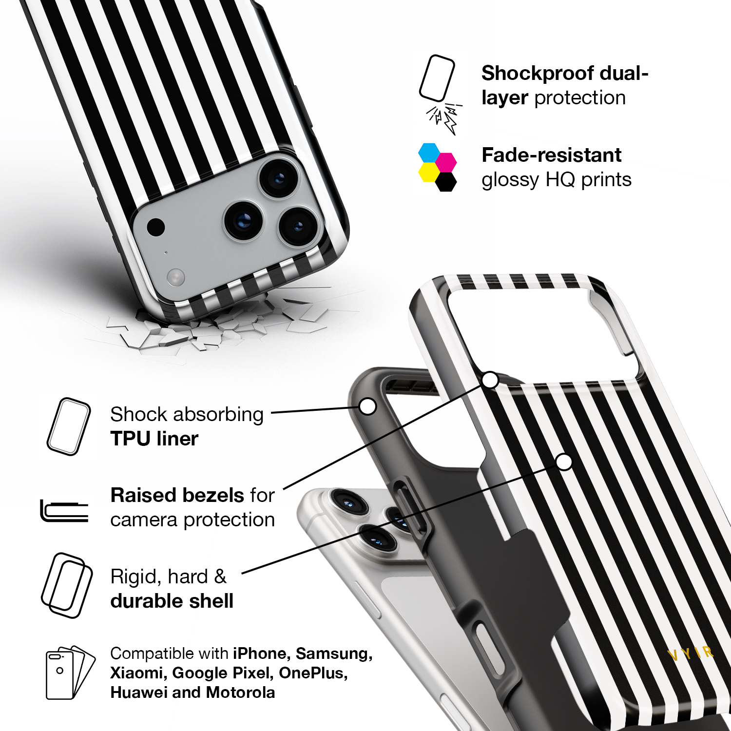 Vertical Stripes, Black and White - Shockproof Phone Case - VYIR