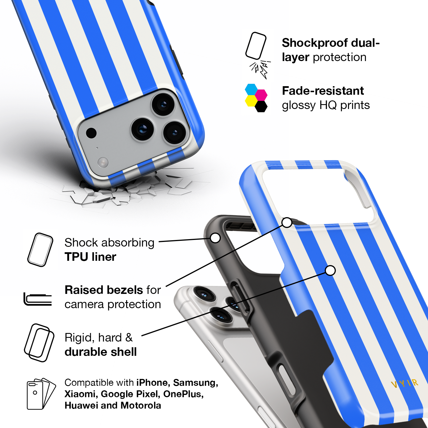 Vertical Stripes, Riviera Blue - Shockproof Phone Case - VYIR