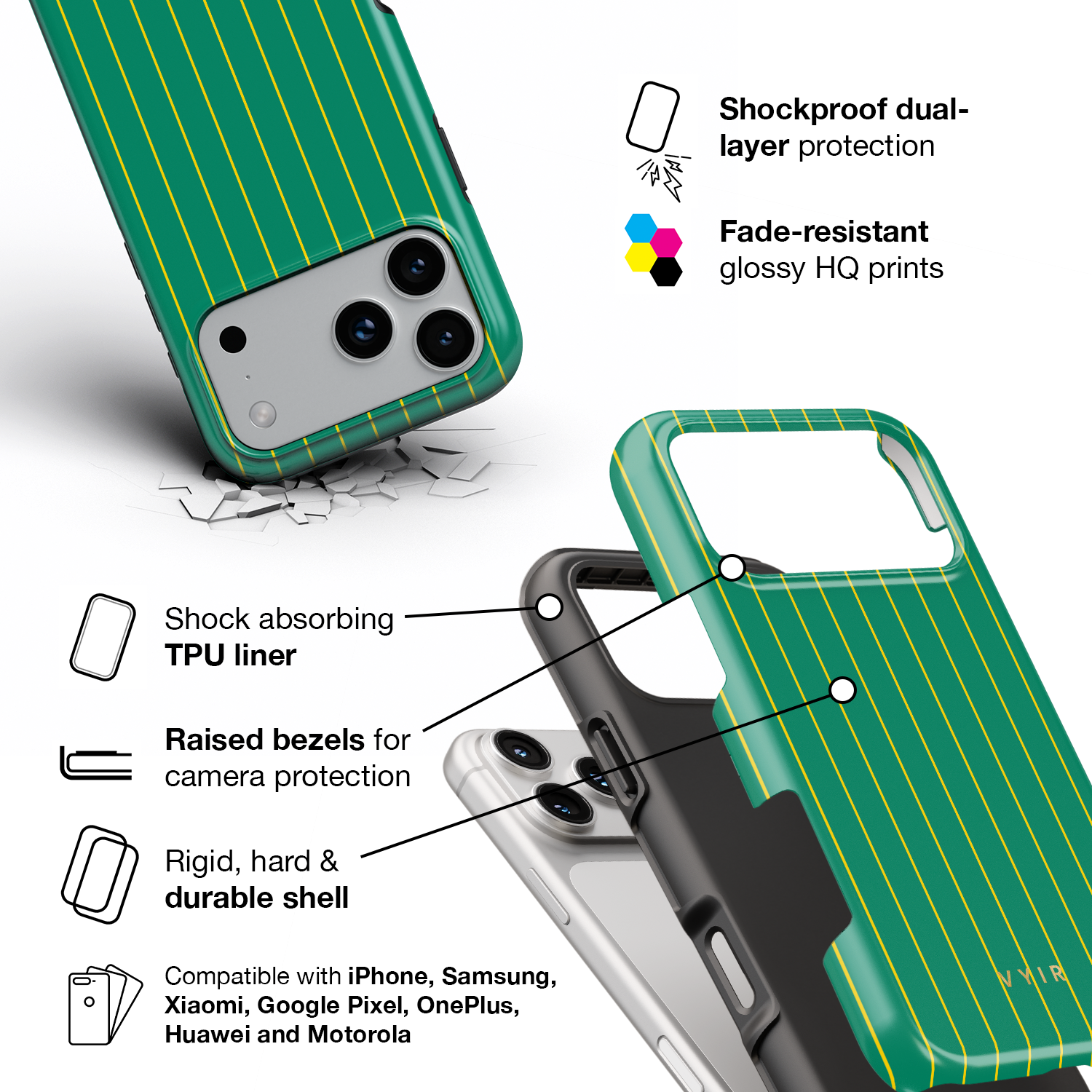 Vertical Stripes, Goldline Green - Shockproof Phone Case - VYIR
