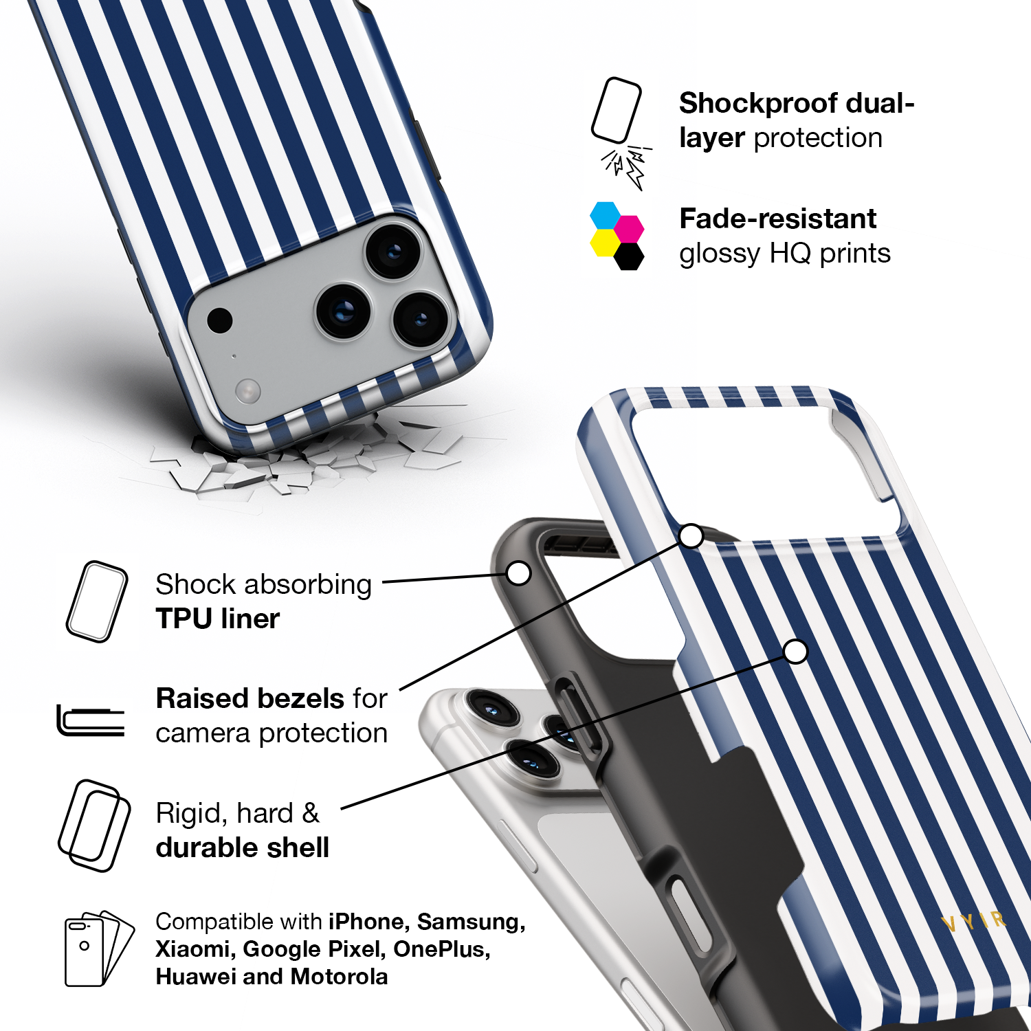 Vertical Stripes, Old Money Blue - Shockproof Phone Case - VYIR