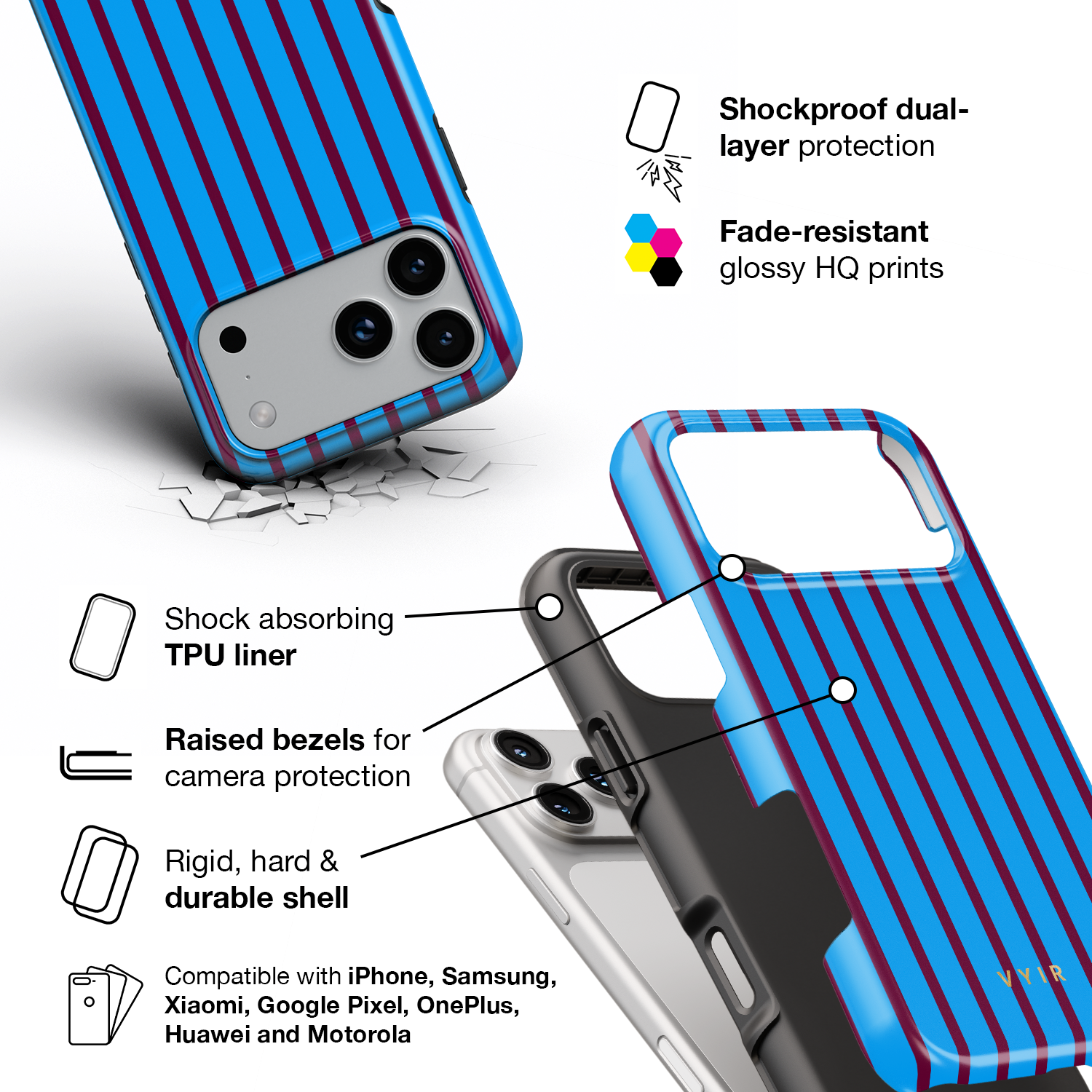 Vertical Stripes, Track Blue - Shockproof Phone Case - VYIR