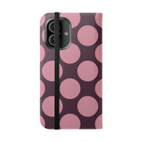 Vegane iPhone 16 Leder-Wallet-Hülle – Pink Plum Polka Dot Design